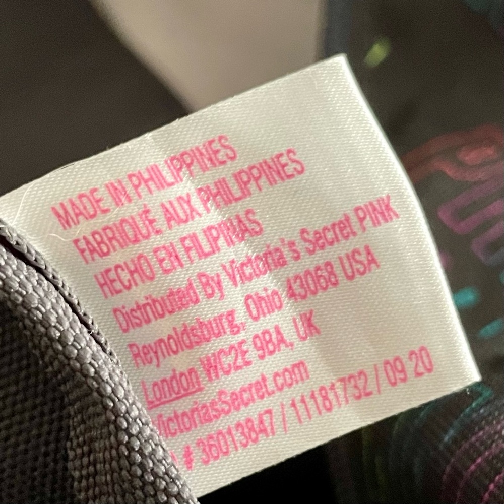 PINK Victoria’s Secret Black Zip Up Tote Bag Black Fluorescent Allover Logo - Picture 8 of 11